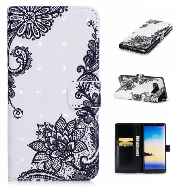 Samsung Galaxy Note 8 Handyhülle - Leder Bookcover - mit Standfunktion - schwarze Blumen