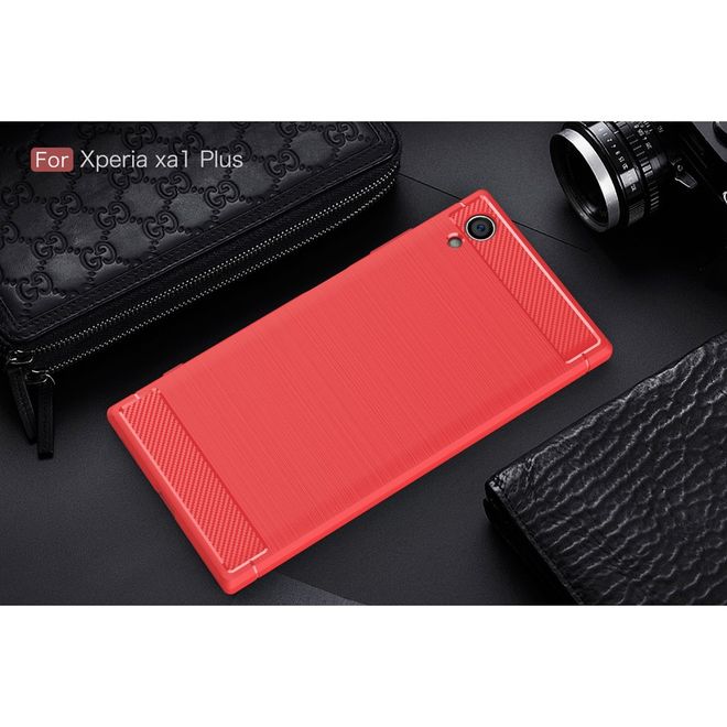 Sony Xperia XA1 Plus Handy Hülle - TPU Softcase - im Carbon Look - rot