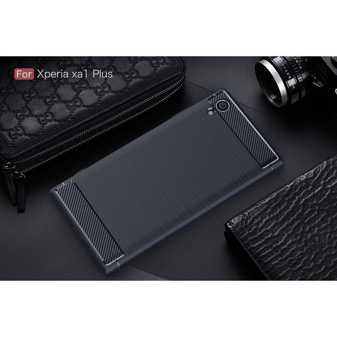 Sony Xperia XA1 Plus Handy Hülle - TPU Softcase - im Carbon Look - dunkelblau