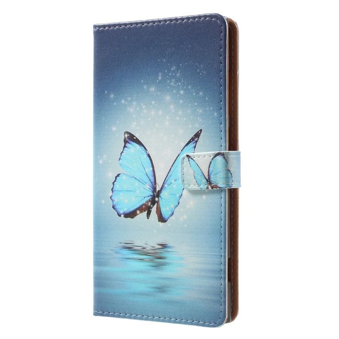 Sony Xperia XA1 Plus Handy Hülle - Leder Book Case - mit Standfunktion - wunderschöner, blauer Schmetterling