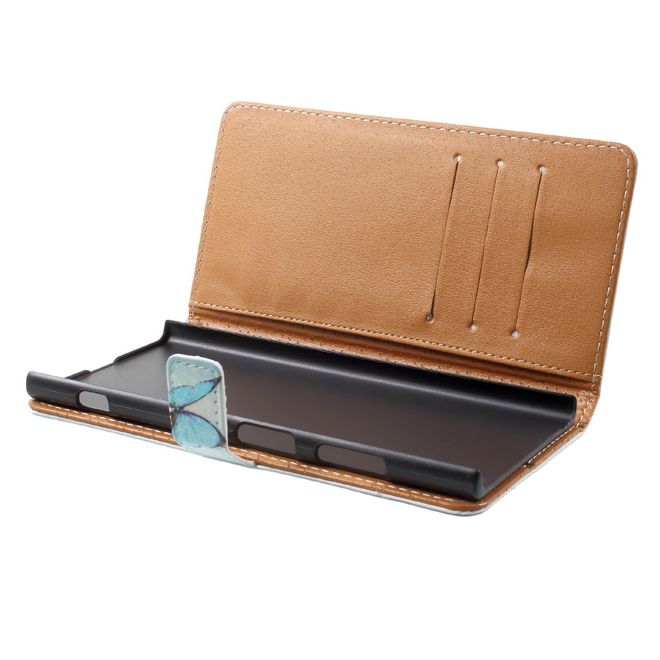 Sony Xperia XA1 Plus Handy Hülle - Leder Book Case - mit Standfunktion - wunderschöner, blauer Schmetterling
