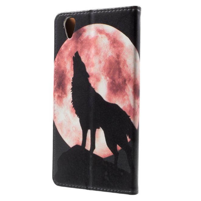 Sony Xperia XA1 Plus Handy Hülle - Leder Book Case - mit Standfunktion - heulender Wolf bei Vollmond