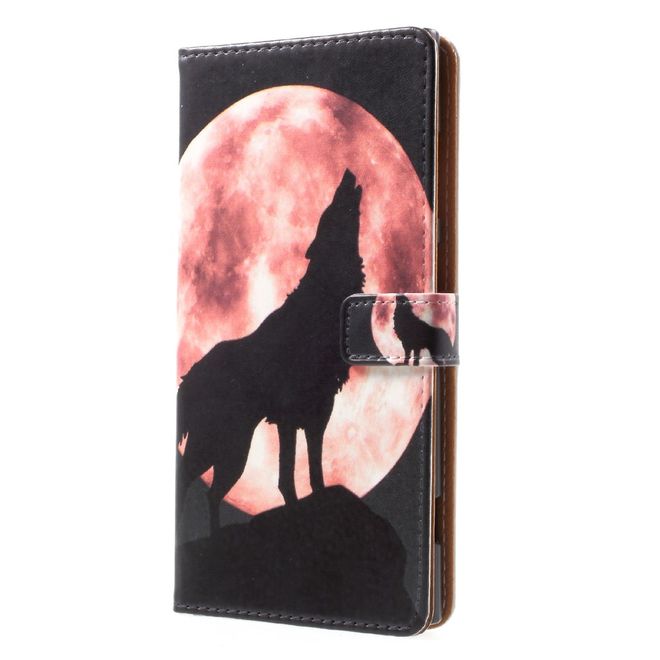 Sony Xperia XA1 Plus Handy Hülle - Leder Book Case - mit Standfunktion - heulender Wolf bei Vollmond