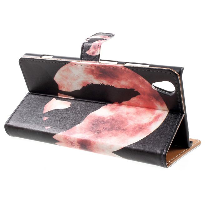 Sony Xperia XA1 Plus Handy Hülle - Leder Book Case - mit Standfunktion - heulender Wolf bei Vollmond