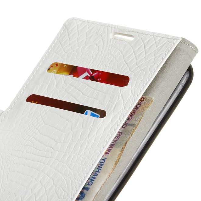 HTC U11+ Hülle - Bookcover aus Leder - mit Krokodiltextur und Standfunktion - weiss