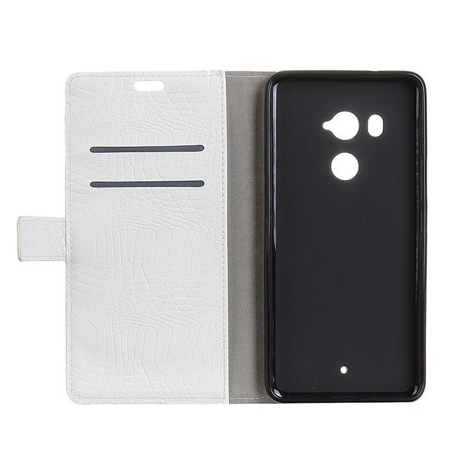 HTC U11+ Hülle - Bookcover aus Leder - mit Krokodiltextur und Standfunktion - weiss