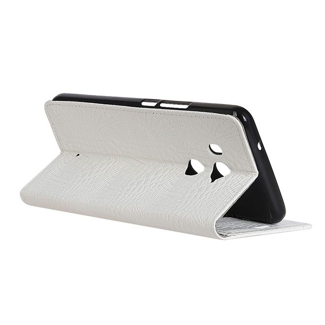 HTC U11+ Hülle - Bookcover aus Leder - mit Krokodiltextur und Standfunktion - weiss