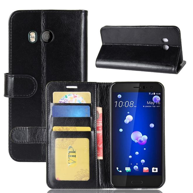 HTC U11 Handy Hülle - Crazy Horse Leder Bookcover - mit Standfunktion - schwarz