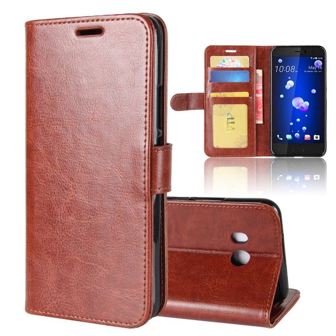 HTC U11 Handy Hülle - Crazy Horse Leder Bookcover - mit Standfunktion - braun