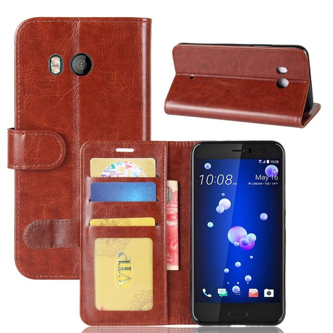 HTC U11 Handy Hülle - Crazy Horse Leder Bookcover - mit Standfunktion - braun