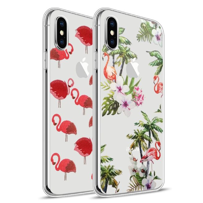 iPhone XS / X Phone Case - TPU Softcase - Palm Trees and Flamingos