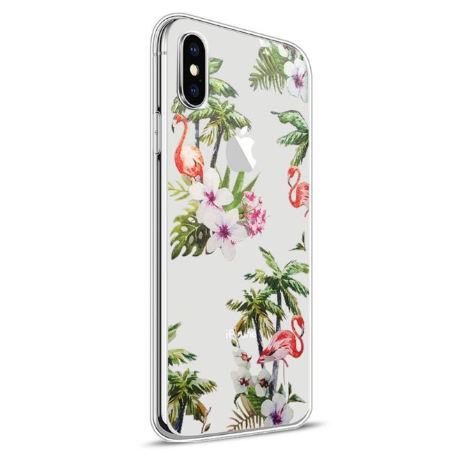 iPhone XS / X Phone Case - TPU Softcase - Palm Trees and Flamingos