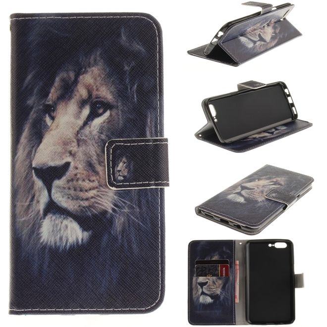 OnePlus 5 Handy Hülle - Leder Bookcase - mit Standfunktion - Löwe