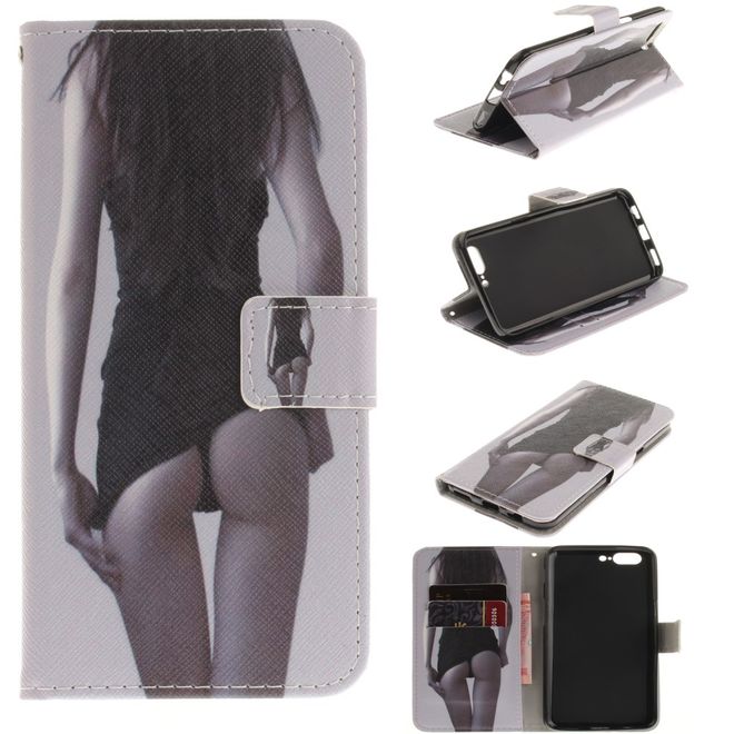 OnePlus 5 Handy Hülle - Leder Bookcase - mit Standfunktion - heisses Girl