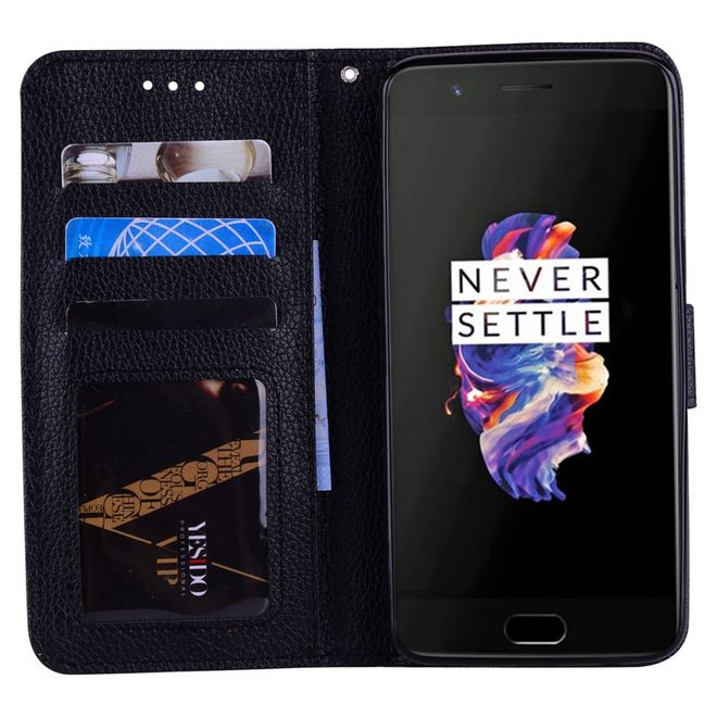 OnePlus 5 Handy Cover - Hülle aus Leder - mit Standfunktion und Litchitextur - schwarz