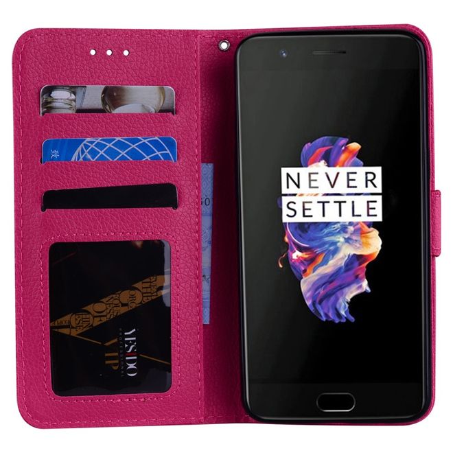 OnePlus 5 Handy Cover - Hülle aus Leder - mit Standfunktion und Litchitextur - rosa