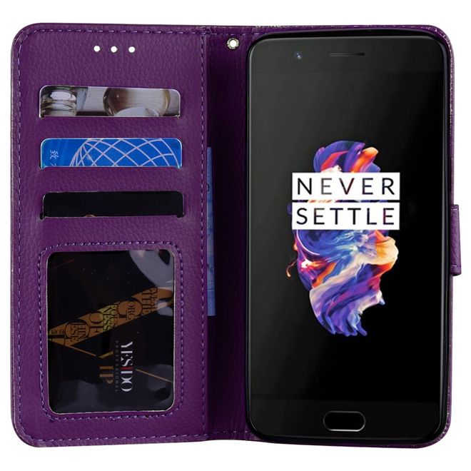 OnePlus 5 Handy Cover - Hülle aus Leder - mit Standfunktion und Litchitextur - purpur