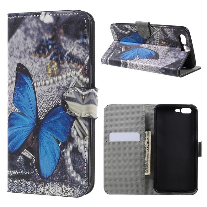 OnePlus 5 Handyhülle - Cover aus Leder - mit Standfunktion - wunderschöner, blauer Schmetterling