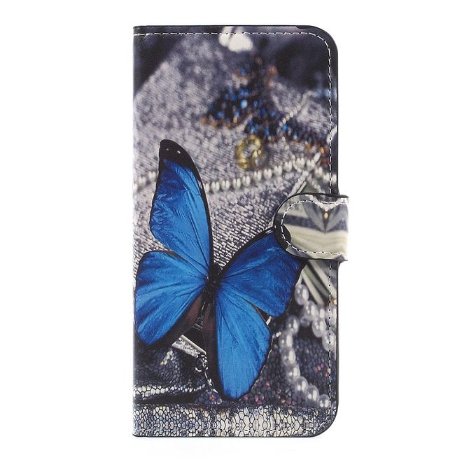 OnePlus 5 Handyhülle - Cover aus Leder - mit Standfunktion - wunderschöner, blauer Schmetterling