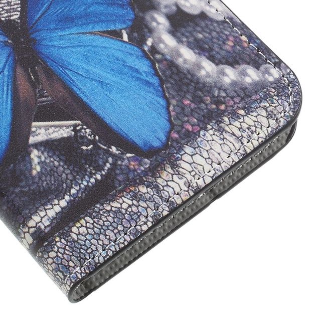 OnePlus 5 Handyhülle - Cover aus Leder - mit Standfunktion - wunderschöner, blauer Schmetterling