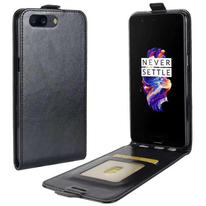 OnePlus 5 Handy Case - Crazy Horse Leder Hülle - vertikal - mit Visitenkartenfach - schwarz