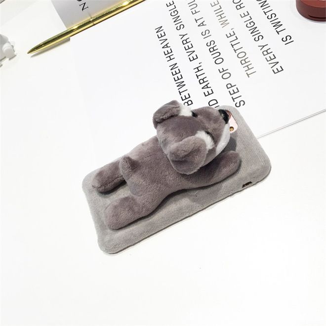 iPhone SE (2022) / SE (2020) / 8 / 7 Handyhülle - TPU Softcase - mit süssem 3D Plüschtier - Schnauzer - grau