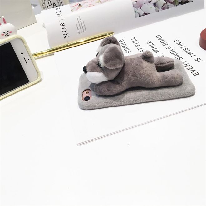 iPhone SE (2022) / SE (2020) / 8 / 7 Handyhülle - TPU Softcase - mit süssem 3D Plüschtier - Schnauzer - grau