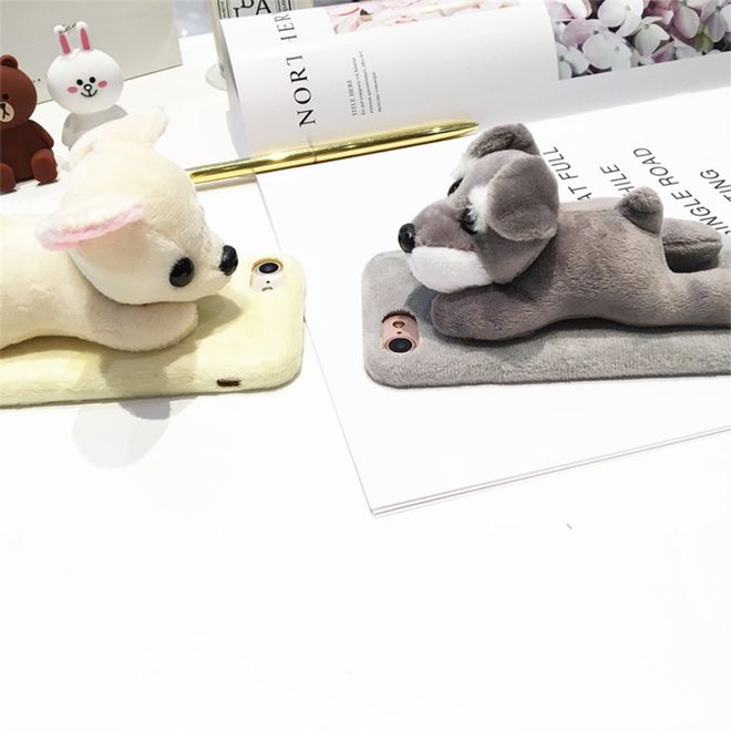 iPhone SE (2022) / SE (2020) / 8 / 7 Handyhülle - TPU Softcase - mit süssem 3D Plüschtier - Schnauzer - grau
