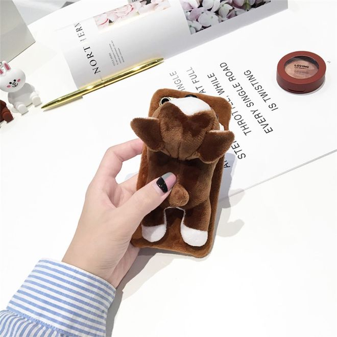 Coque pour iPhone SE (2022) / SE (2020) / 8 / 7 - Coque souple en TPU - avec une adorable peluche 3D - Bouledogue - marron