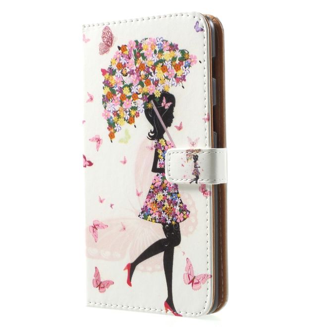 Samsung Galaxy A8+ (2018) Handy Hülle - Bookcover aus Leder - Blumenmädchen mit Schirm