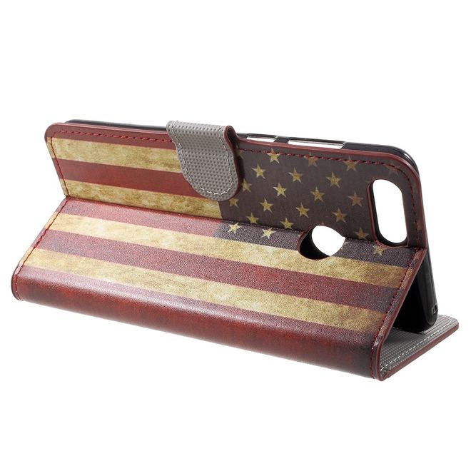 Huawei Honor 7X Handy Hülle - Leder Bookcover - mit Standfunktion - US Flagge im Retrolook