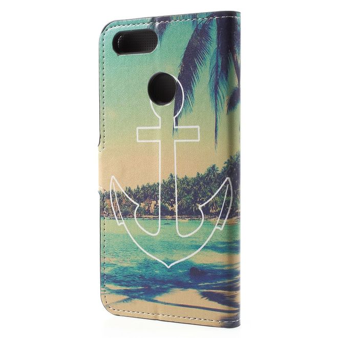 Huawei Honor 7X Handy Hülle - Leder Bookcover - mit Standfunktion - Anker und Strand