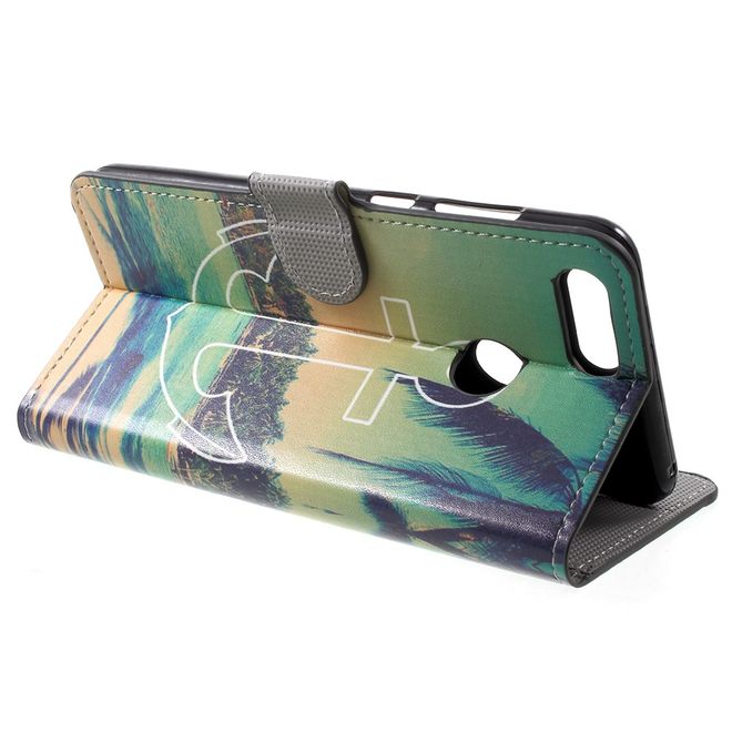 Huawei Honor 7X Handy Hülle - Leder Bookcover - mit Standfunktion - Anker und Strand