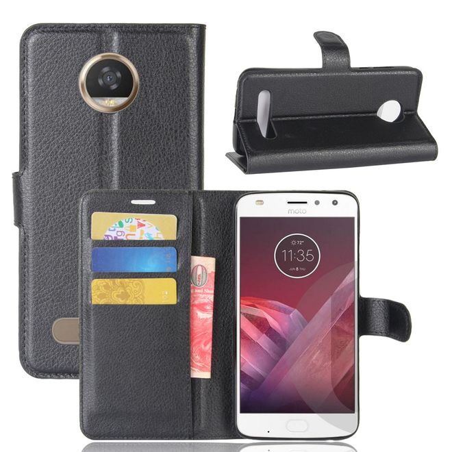 Motorola Moto Z2 Play Handy Hülle - Bookcover aus Leder - mit Litchitextur - schwarz