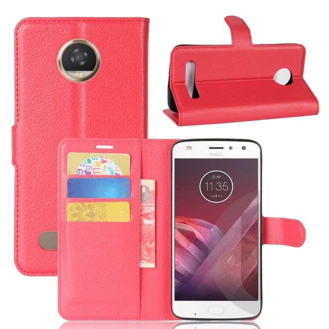 Motorola Moto Z2 Play Handy Hülle - Bookcover aus Leder - mit Litchitextur - rot