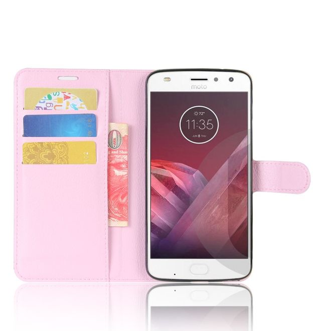 Motorola Moto Z2 Play Handy Hülle - Bookcover aus Leder - mit Litchitextur - pink