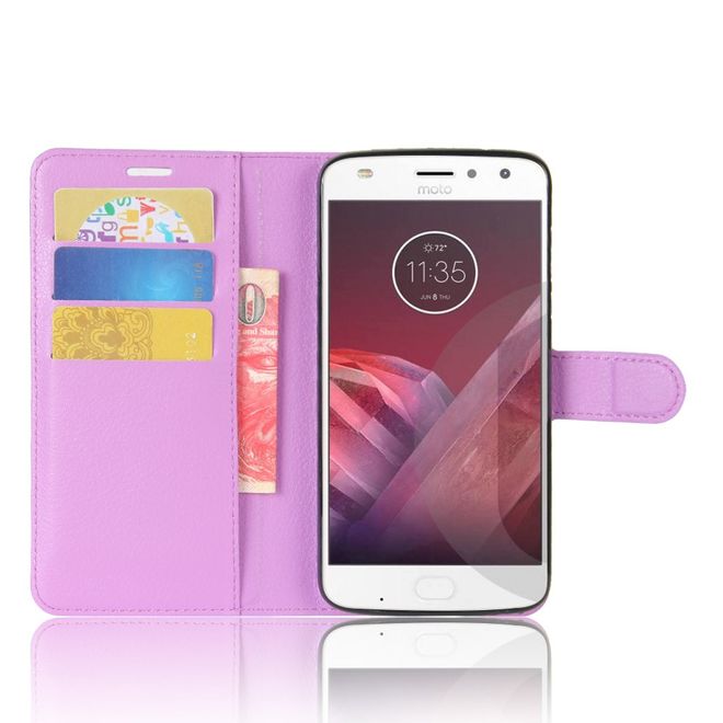 Motorola Moto Z2 Play Handy Hülle - Bookcover aus Leder - mit Litchitextur - purpur
