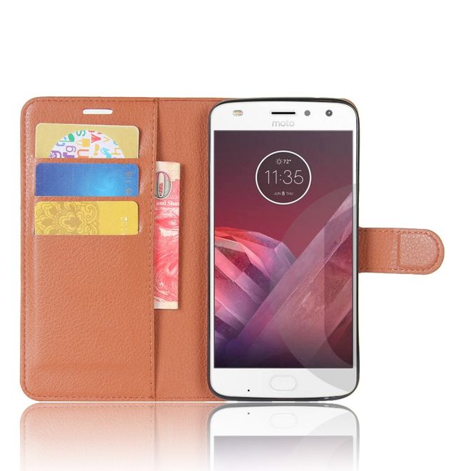 Motorola Moto Z2 Play Handy Hülle - Bookcover aus Leder - mit Litchitextur - braun