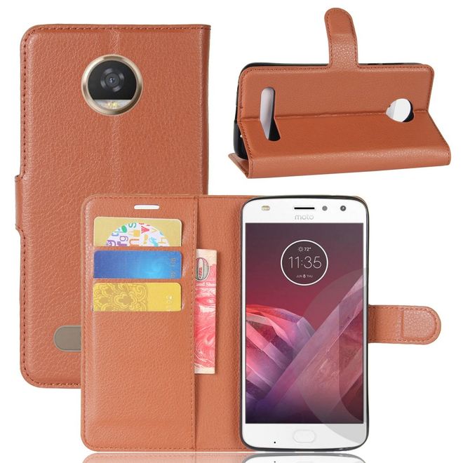 Motorola Moto Z2 Play Handy Hülle - Bookcover aus Leder - mit Litchitextur - braun
