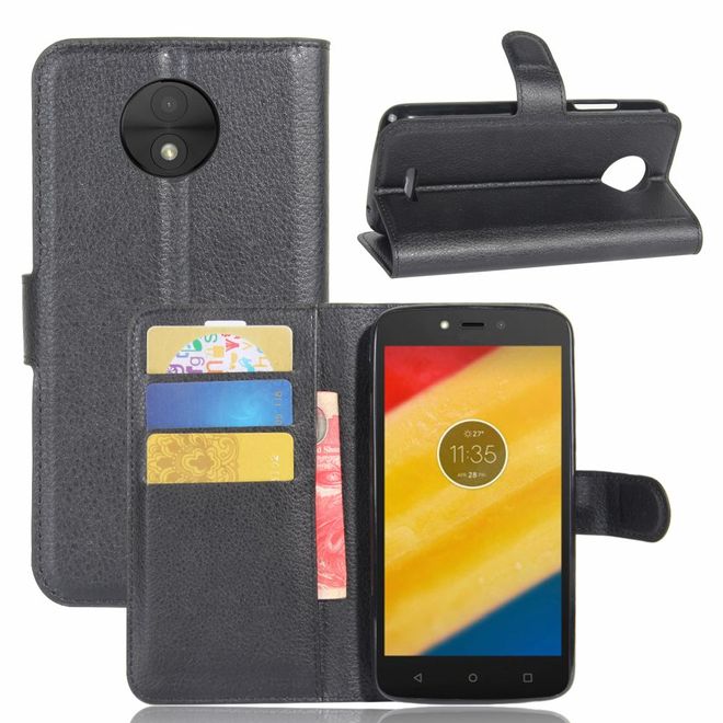 Motorola Moto C Plus Handyhülle - Case aus Leder - mit Standfunktion und Litchitextur - schwarz