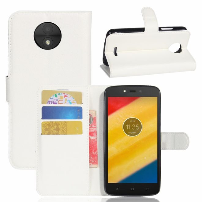 Motorola Moto C Plus Handyhülle - Case aus Leder - mit Standfunktion und Litchitextur - weiss