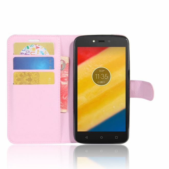 Motorola Moto C Plus Handyhülle - Case aus Leder - mit Standfunktion und Litchitextur - pink