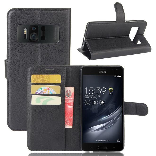 Asus Zenfone AR ZS571KL Hülle - Handy Case aus Leder - mit Standfunktion und Litchitextur - schwarz