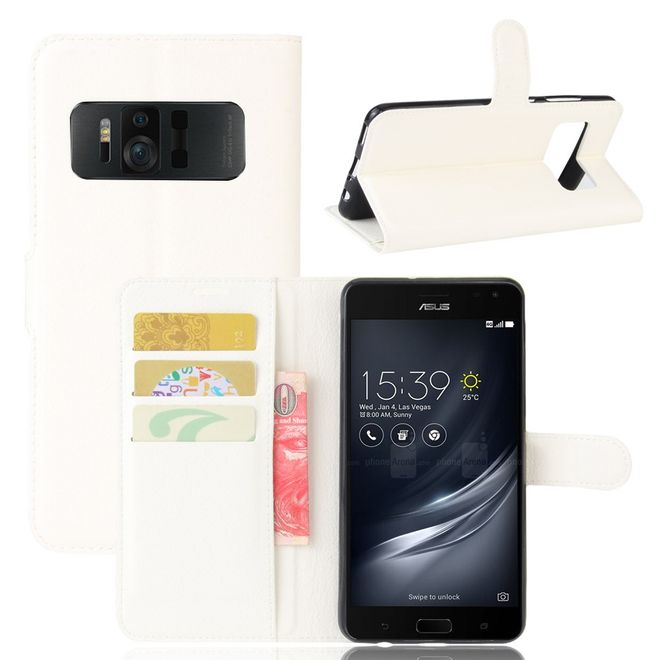 Asus Zenfone AR ZS571KL Hülle - Handy Case aus Leder - mit Standfunktion und Litchitextur - weiss