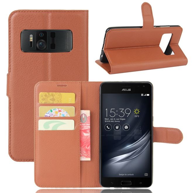 Asus Zenfone AR ZS571KL Hülle - Handy Case aus Leder - mit Standfunktion und Litchitextur - braun