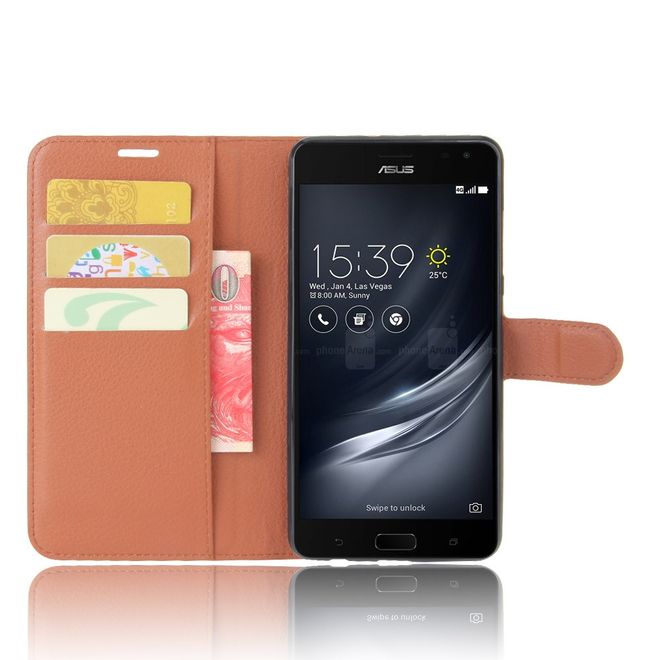 Asus Zenfone AR ZS571KL Hülle - Handy Case aus Leder - mit Standfunktion und Litchitextur - braun