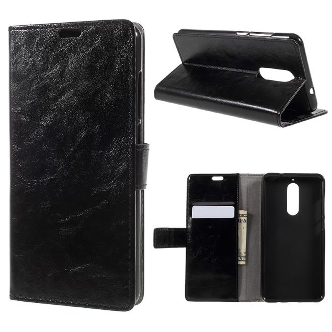 Wiko View XL Handy Hülle - Crazy Horse Leder Bookcover - mit Standfunktion - schwarz