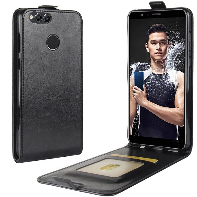 Huawei Honor 7X Handyhülle - Crazy Horse Leder Flip Case - vertikal - schwarz