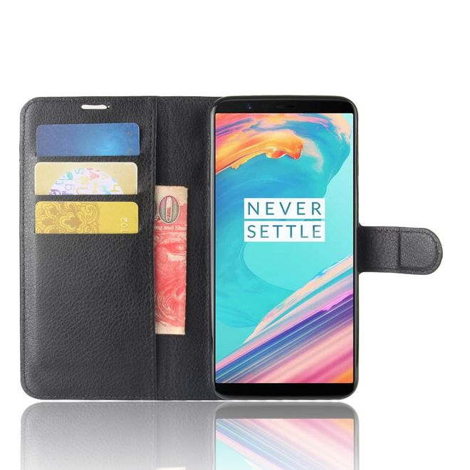 OnePlus 5T Handy Hülle - Cover aus Leder - mit Litchitextur und Standfunktion - schwarz