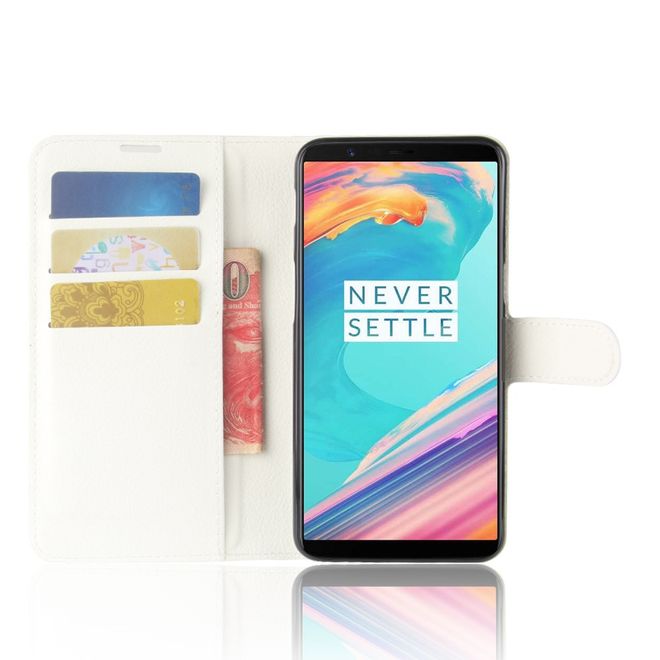 OnePlus 5T Handy Hülle - Cover aus Leder - mit Litchitextur und Standfunktion - weiss